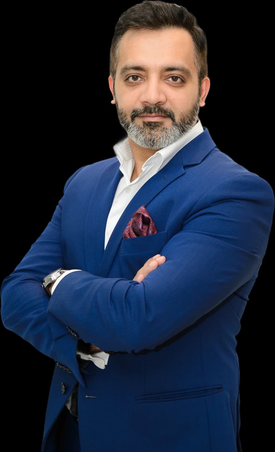 Bimal Lulla in a suit, arms crossed