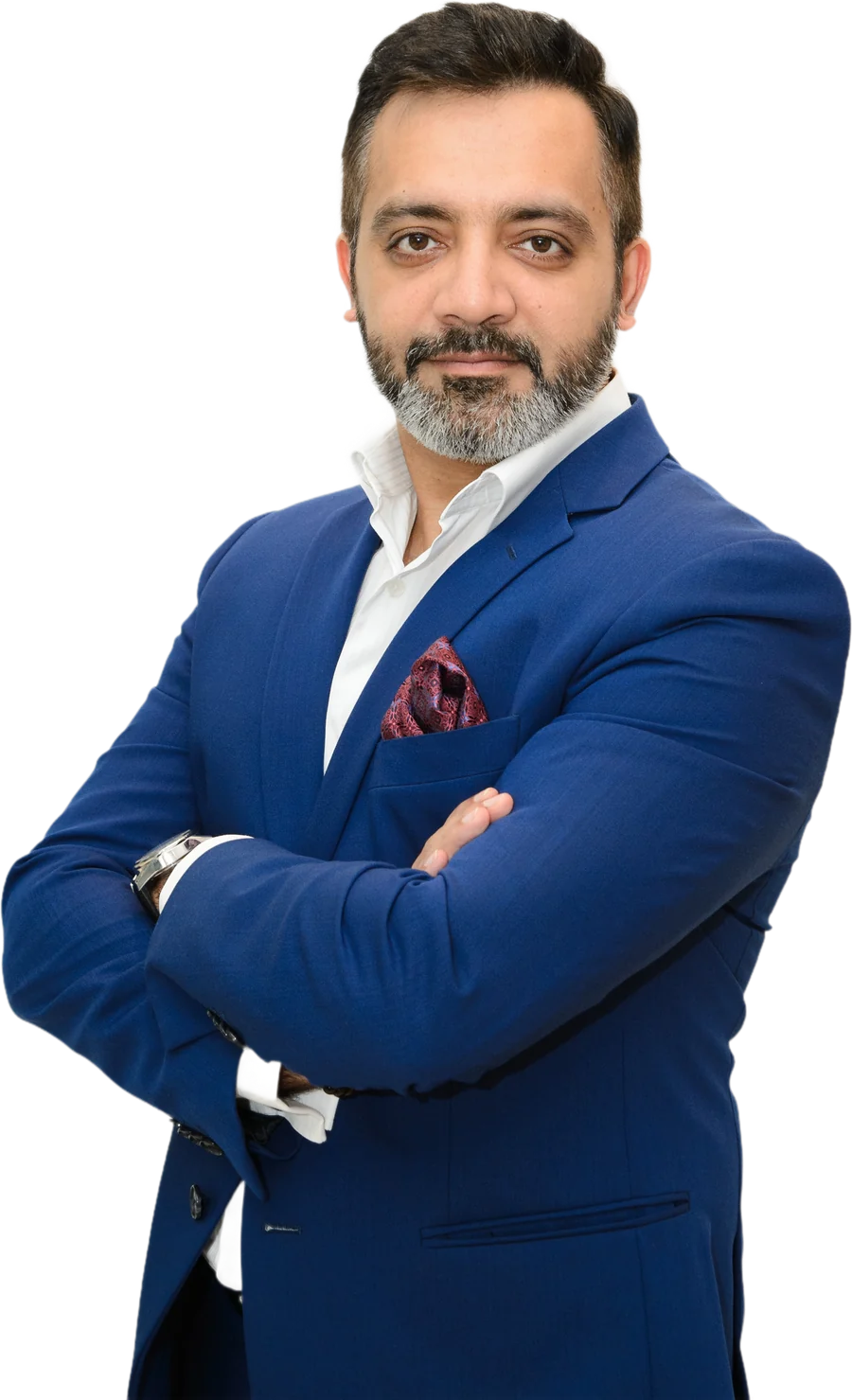 Bimal Lulla in a blue suit, arms crossed